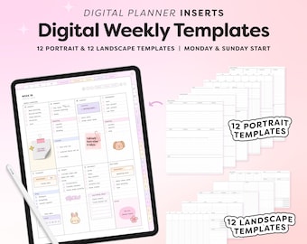 Plantillas semanales digitales, inserciones verticales y horizontales para planificadores digitales, plantillas minimalistas
