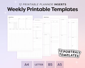 Plantilla imprimible semanal, Páginas del planificador imprimibles, A4, Carta, B5, A5, Imprimible digital mínimo