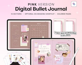 Bullet Journal digital con 12 divisores de secciones, Bujo minimalista realista rosa, lindo cuaderno con páginas de colores y pegatinas