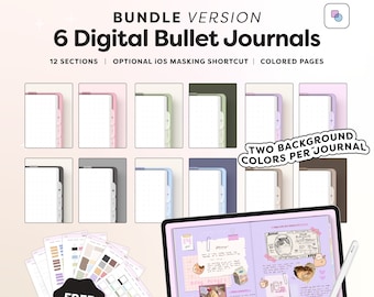 Bundle of Digital Bullet Journal with 12 Section Dividers, Minimal Realistic Bujo, Cute Notebook with Colored Pages and Stickers