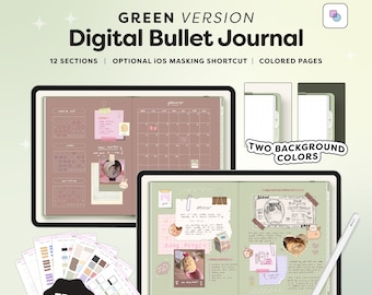 Digital Bullet Journal with 12 Section Dividers, Green Minimal Realistic Bujo, Cute Notebook with Colored Pages and Stickers