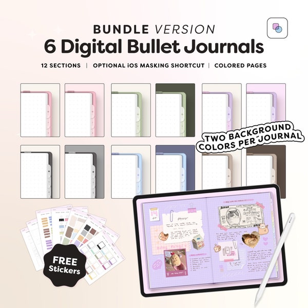 Bundle of Digital Bullet Journal with 12 Section Dividers, Minimal Realistic Bujo, Cute Notebook with Colored Pages and Stickers
