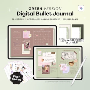 May include: A digital bullet journal app on a tablet with a green background. The journal has 12 sections, optional iOS masking shortcut, and colored pages. The app has two background colors, brown and green. The app also includes free stickers.