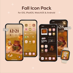 Op de afbeelding: Een set herfst-themapictogrammen voor iOS, iPadOS, WatchOS en Android. De pictogrammen bevatten een bruine beer, een pompoen en een kalender. De pictogrammen zijn ontworpen in een schattige en gezellige stijl, perfect voor het herfstseizoen.