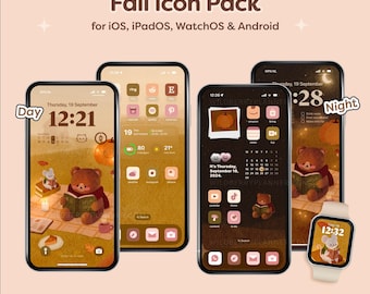 Tema de icono de otoño, día y noche, paquete de iconos de oso, teléfono iOS, iPad, tema de tableta, Android, fondo de pantalla, tema de otoño lindo, marrón, beige, verde