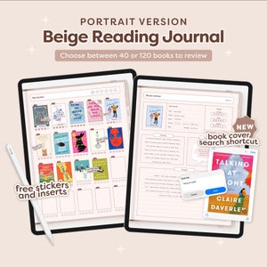 Diario di lettura digitale in verticale, diario di recensioni di libri, registro di lettura e pianificatore, diario beige