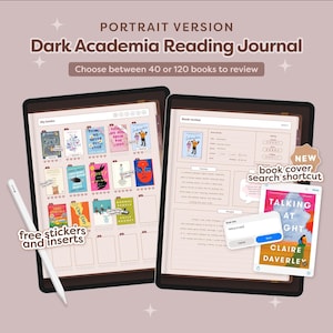 Diario di lettura digitale in formato verticale, diario di revisione di libri, registro e pianificatore di lettura, diario di Dark Academia