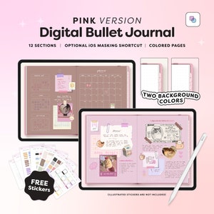 May include: Pink digital bullet journal with 12 sections, optional iOS masking shortcut, and colored pages. The journal has two background colors, brown and pink. It includes free stickers. The journal is open to a page with a calendar and a page with a handwritten note. The journal is on a tablet with a white stylus.