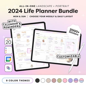 2024 Life Planner Bundle, Portrait and Landscape Planner, Customisable, Pastel, Neutral, With Google Calendar, Apple Calendar and Reminders