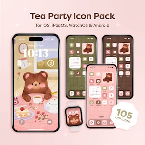 Icon Set, Cute Bear Tea Party Theme, iOS Phone, iPad, Tablet Theme, Android, Wallpaper, Cute phone theme, Pink, Brown, Green Icons