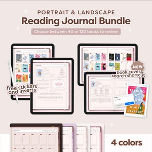 Pacchetto diario di lettura digitale, diario di recensioni di libri, registro di lettura, diari verticali e orizzontali, rosa, beige, viola, Dark Academia