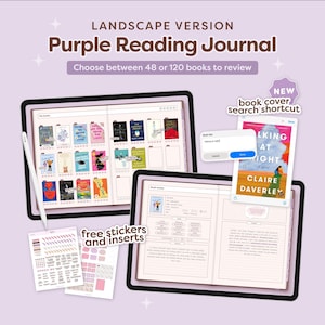 Diario di lettura digitale in orizzontale, diario di recensioni di libri, registro di lettura e pianificatore, diario viola