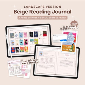 Diario di lettura digitale in orizzontale, diario di recensioni di libri, registro di lettura e pianificatore, diario beige