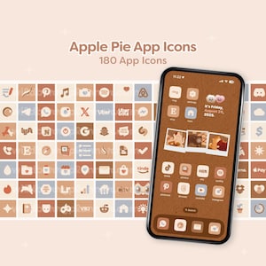 Może przedstawiać: Smartfon wyświetlający niestandardowe ikony aplikacji w brązowo-beżowej kolorystyce, z tekstem "Apple Pie App Icons" i "180 App Icons". Ikony są ułożone w siatkę, z kilkoma widocznymi na ekranie telefonu.