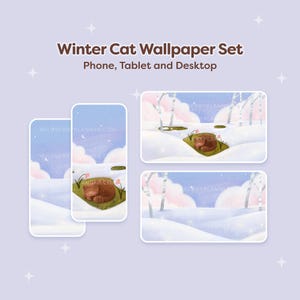 Könnte beinhalten: Ein Set aus drei winterlichen Handy-Hintergrundbildern mit einer braunen Katze, die in einer verschneiten Landschaft mit rosa und blauen Wolken und Birken schläft. Der Text "WILDBERRYPLANNER.COM" ist auf den Handy-Hintergrundbildern sichtbar.