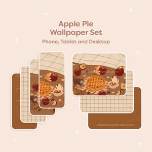 Op de afbeelding: Een Apple Pie Wallpaper Set voor telefoon, tablet en desktop. Het ontwerp bevat illustraties van appeltaart, appels en kleine cartoonkatten op een beige en bruine achtergrond. De tekst "Apple Pie Wallpaper Set" staat bovenaan.
