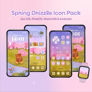 Pacchetto icone Spring Drizzle, tema primavera, orso e anatra carini, fiori pastello, telefono iOS, iPad, tema tablet, Android, sfondo