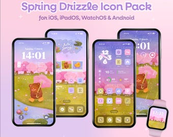 Paquete de iconos Spring Drizzle, tema de primavera, oso y pato adorables, flores pastel, tema para teléfono iOS, iPad, tableta, Android, fondo de pantalla