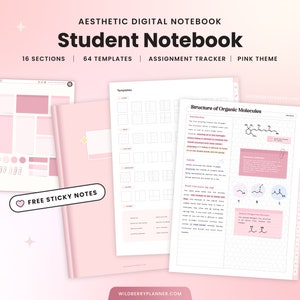 Student Digital Notebook, Notes for Students, College, Academic Assignment tracker, Sticky Notes, Pink Notebook, Hyperlinked, Goodnotes