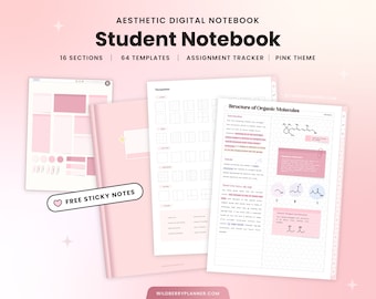 Cuaderno digital para estudiantes, Notas para estudiantes, Universidad, Seguimiento de tareas académicas, Notas adhesivas, Cuaderno rosa, Hipervínculo, Goodnotes