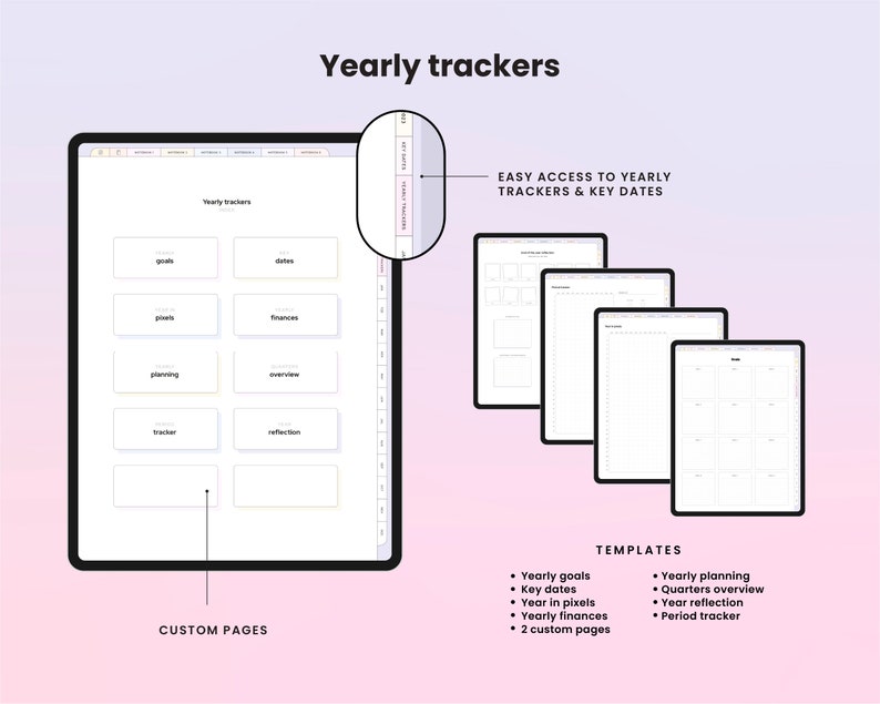 Pu&ograve; includere: Un planner digitale con uno sfondo rosa chiaro e viola. Il planner ha un'interfaccia a schede con sezioni per obiettivi annuali, date chiave, anno in pixel, finanze annuali e pagine personalizzate. Il planner include anche modelli per la pianificazione annuale, la panoramica dei trimestri, la riflessione annuale e il tracker dei periodi.