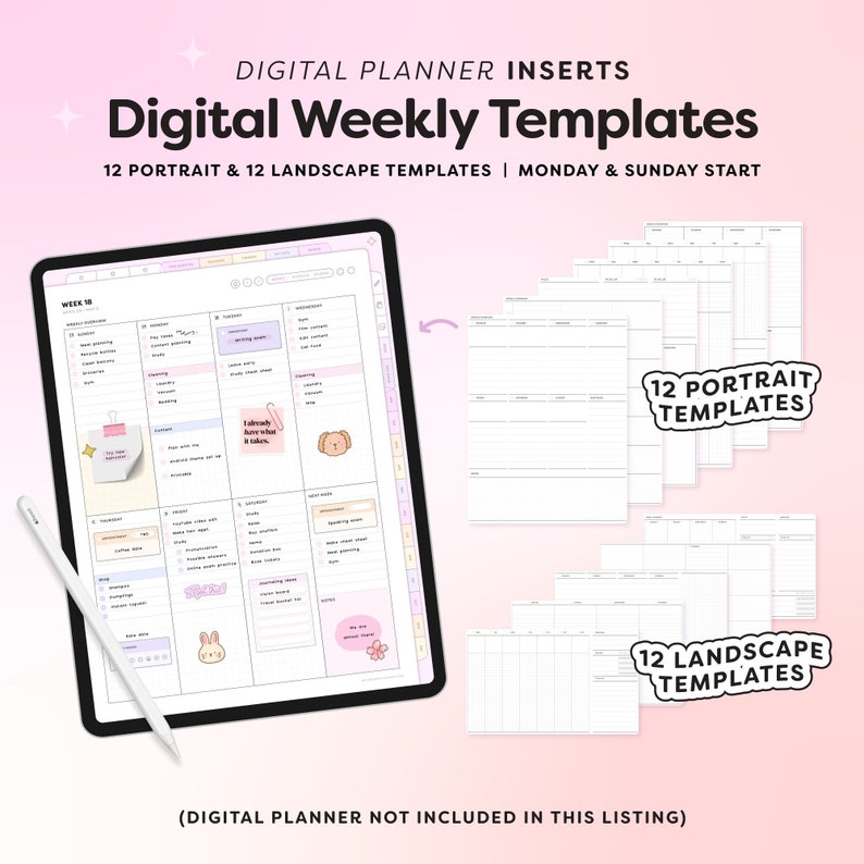 Digital Weekly Templates, Portrait and Landscape Inserts for Digital Planners, Minimalist templates image 1