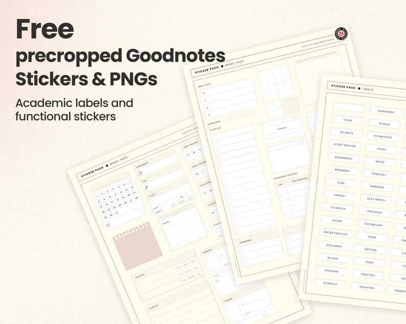 May include: A set of digital stickers for Goodnotes, featuring academic labels and functional stickers. The stickers are pre-cropped and come in PNG format. The stickers include labels such as "To Do", "To Write", "Study Session", "Assignment", "Homework", "To Read", "To Practice", "Study", "Notes", "Exam Day", "Reminder", "Plan", "Next Month", "Checklist", "Vocab", "Vocabulary", "Tasks", "Meeting", "Review", "Document", "Exam", "Schedule", "Vacation", "Practice", "Homework", and more.