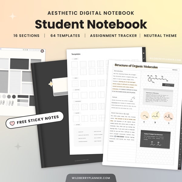 Student Digital Notebook, College, Academic Assignment tracker, Sticky Notes, Black Notebook, Hyperlinked, Goodnotes, Minimal Notebook