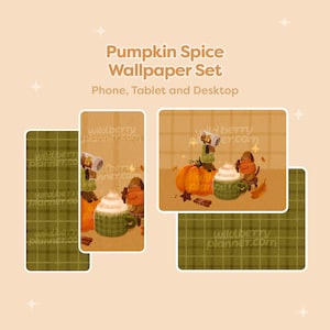 Puede incluir: Un conjunto de fondos de pantalla digitales con temática otoñal y elementos de calabaza especiada. El diseño incluye una calabaza, una taza de crema batida y una pequeña figura. El texto "Pumpkin Spice Wallpaper Set" y "Phone, Tablet and Desktop" es visible.