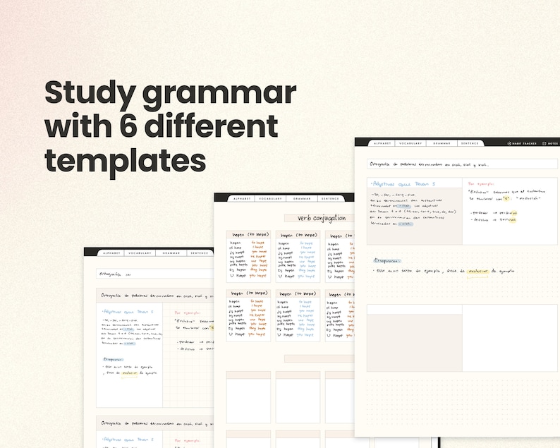 May include: A digital planner with six different templates for studying grammar. The templates include sections for vocabulary, verb conjugation, and sentence structure. The planner is designed to help students learn and practice grammar skills.