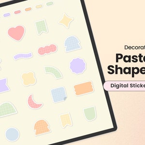 Puede incluir: Un conjunto de 20 pegatinas digitales de color pastel que presentan varias formas, incluyendo estrellas, corazones, nubes, lunas y formas geométricas. Las pegatinas están diseñadas para su uso en planificadores digitales, diarios y otros proyectos digitales. Pegatinas digitales formas pastel decorativas.