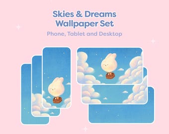 Fondos de pantalla de Cielos y Sueños, Teléfono, iPad, Tablet, Escritorio, Android, Fondos de pantalla dibujados a mano, Azul, Rosa, Nubes y Estrellas, Conejito y Gatos