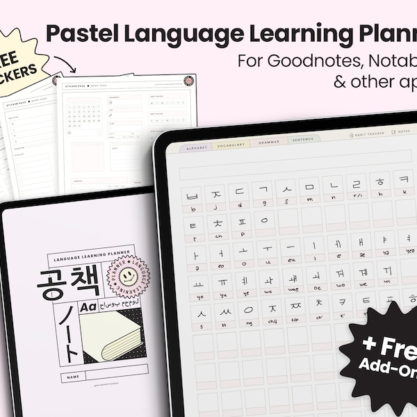 Pastell Sprachlernplaner und Notizbuch zum Studieren und Lernen von Koreanisch, Chinesisch, Japanisch, Französisch, Arabisch, Spanisch, Deutsch, mehrsprachig