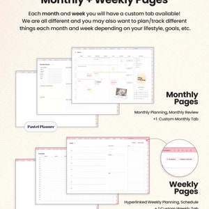 Op de afbeelding: Een digitale planner in pastelroze en wit. De planner bevat maandelijkse en wekelijkse pagina's met tabbladen voor aangepaste planning. De tekst "Pastel Planner" en "Pink Planner" is zichtbaar.