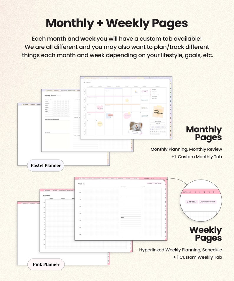 Op de afbeelding: Een digitale planner in pastelroze en wit. De planner bevat maandelijkse en wekelijkse pagina's met tabbladen voor aangepaste planning. De tekst "Pastel Planner" en "Pink Planner" is zichtbaar.