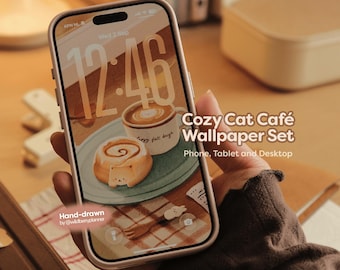 Sfondi a tema "Cozy Cat Cafe" per telefono, iPad, tablet e computer. Sfondo autunnale disegnato a mano.
