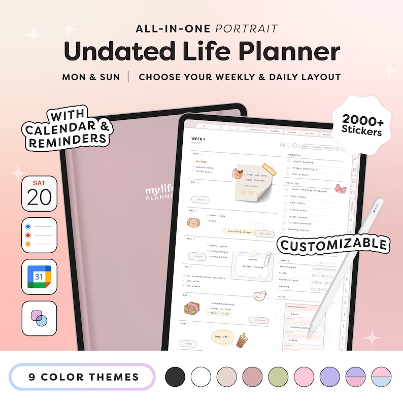 Undated Digital Life Planner, All in One Portrait Planner, Customisable, Pastel, Neutral, With Google Calendar, Apple Calendar and Reminders image 1