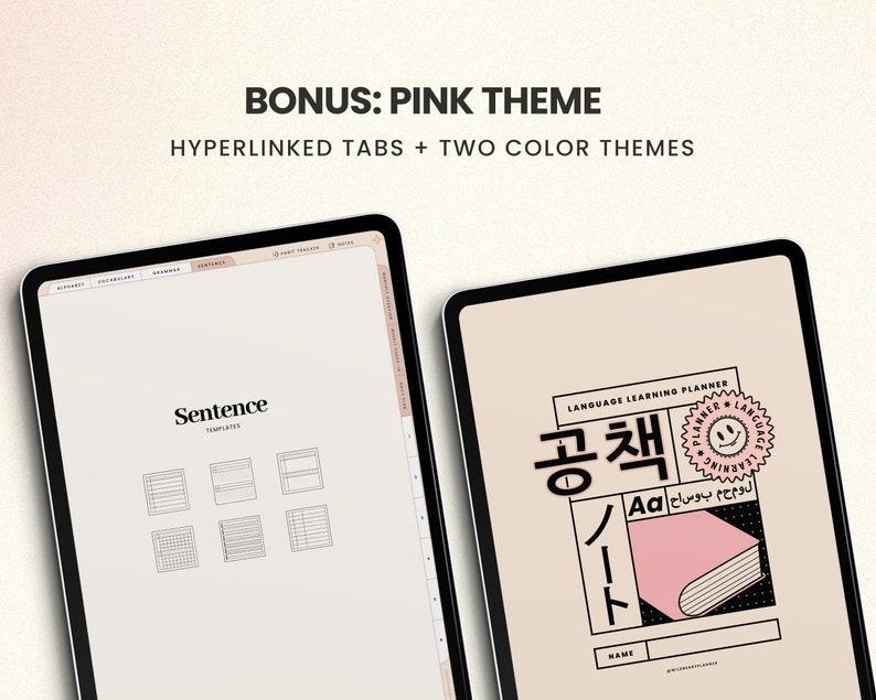May include: A pink and black language learning planner with the text "공책" in Korean and "ノート" in Japanese. The planner has a pink book icon and a smiley face sticker with the text "Language Learning Planner".