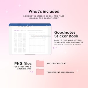 K&ouml;nnte beinhalten: Ein digitaler Planer mit einem Stickerbuch f&uuml;r die Goodnotes-App. Der Planer enth&auml;lt Vorlagen f&uuml;r Wochen, die mit Montag oder Sonntag beginnen. Das Stickerbuch ist einfach zu bedienen und enth&auml;lt Hoch- und Querformatversionen in einer Datei. PNG-Dateien sind ebenfalls enthalten, um sie in anderen iPad- und Android-Apps zu verwenden.