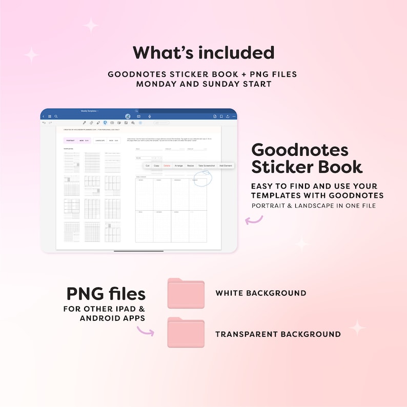 K&ouml;nnte beinhalten: Ein digitaler Planer mit einem Stickerbuch f&uuml;r die Goodnotes-App. Der Planer enth&auml;lt Vorlagen f&uuml;r Wochen, die mit Montag oder Sonntag beginnen. Das Stickerbuch ist einfach zu bedienen und enth&auml;lt Hoch- und Querformatversionen in einer Datei. PNG-Dateien sind ebenfalls enthalten, um sie in anderen iPad- und Android-Apps zu verwenden.