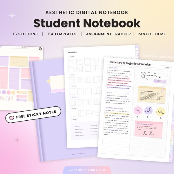 Student Digital Notebook, Notes for Students, College, Academic Assignment tracker, Sticky Notes, Pastel, Rainbow, Hyperlinked, Goodnotes