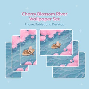 Körsbärsblomsflodens bakgrundsbilder för telefon, iPad, surfplatta, skrivbord. Söta handritade kanin- och kattbakgrunder