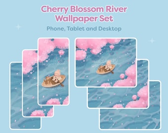 Fondos de pantalla de río con flores de cerezo para teléfono, iPad, tableta y ordenador. Lindos fondos de pantalla de conejitos y gatos dibujados a mano.