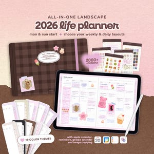 Könnte beinhalten: Ein 2026 Life Planner mit braunem Karomuster, Aufklebern und einem Tablet, das eine Wochenübersicht anzeigt. Der Planer enthält 10 Farbthemen und Funktionen mit Apple-Kalender, Erinnerungen und Bildzuschnitt. Der Text auf dem Cover lautet "getting things done".