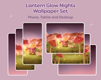 Fondos de pantalla de noches iluminadas con linternas, acogedor bosque de setas, teléfono, iPad, tableta, ordenador, Android, fondo de pantalla, caprichoso fondo de pantalla de conejo y gato