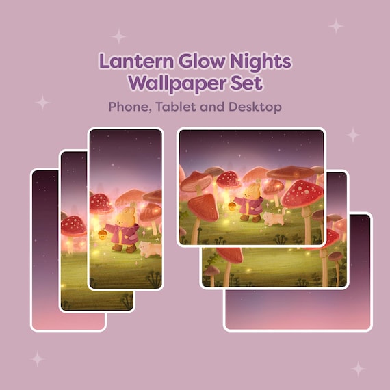 Lantern Glow Nights Wallpapers, Cozy Mushroom Forest, Phone, iPad, Tablet, Desktop, Android, Wallpaper, Whimsical Bunny and Cat Wallpaper