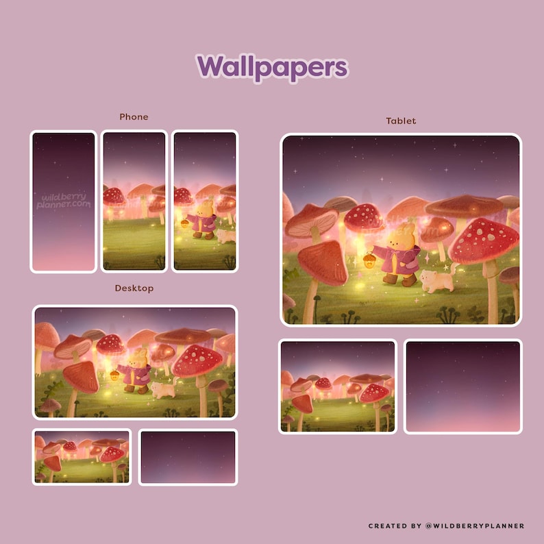 May include: Digital wallpapers featuring a whimsical mushroom forest scene with a bear character holding a lantern. The image includes phone, tablet, and desktop screen layouts. Text includes "Wallpapers" and "wildberryplanner.com".
