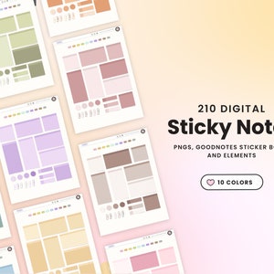 Op de afbeelding: Digitale plaknotities in diverse pastelkleuren, gerangschikt op een gradiënt achtergrond. De afbeelding toont meerdere digitale plaknotitie-ontwerpen met de tekst "210 DIGITAL Sticky Notes PNGS, GOODNOTES STICKER BOOK AND ELEMENTS" en "10 COLORS".