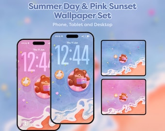 Achtergronden zomerdag en roze zonsondergang ~ Cosy Bear, Duck at the Beach ~ Wallpapers voor telefoon, tablet en desktop