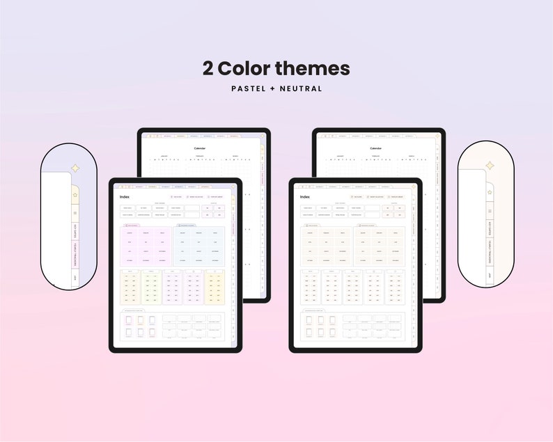 Pu&ograve; includere: Due modelli di planner digitale sullo schermo di un tablet. I modelli sono per un calendario e appunti. Il modello di calendario ha uno schema di colori pastello con blu chiaro, rosa e giallo. Il modello di appunti ha uno schema di colori neutro con bianco e grigio. Il testo "2 Color themes" e "Pastel + Neutral" &egrave; visualizzato sopra i tablet.